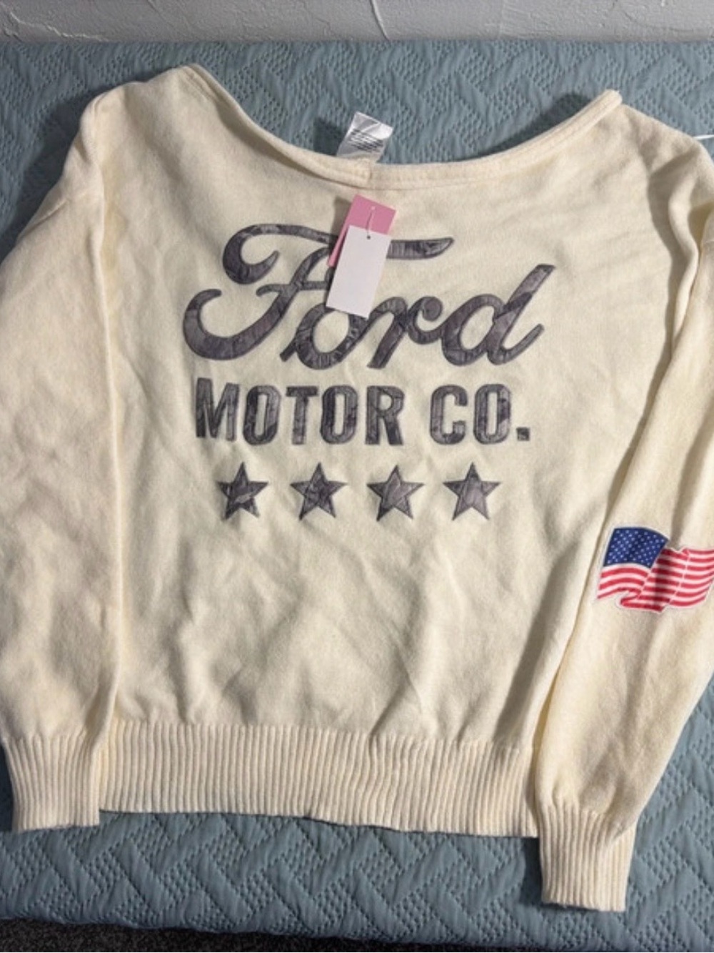 Ford Cream Off-Shoulder Pullover Sweater with Flag Accent